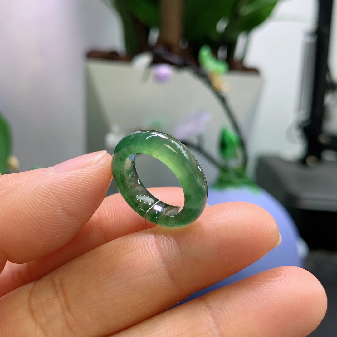 6圈口缅甸天然翡翠A货冰润芙蓉深绿飘花戒指297#