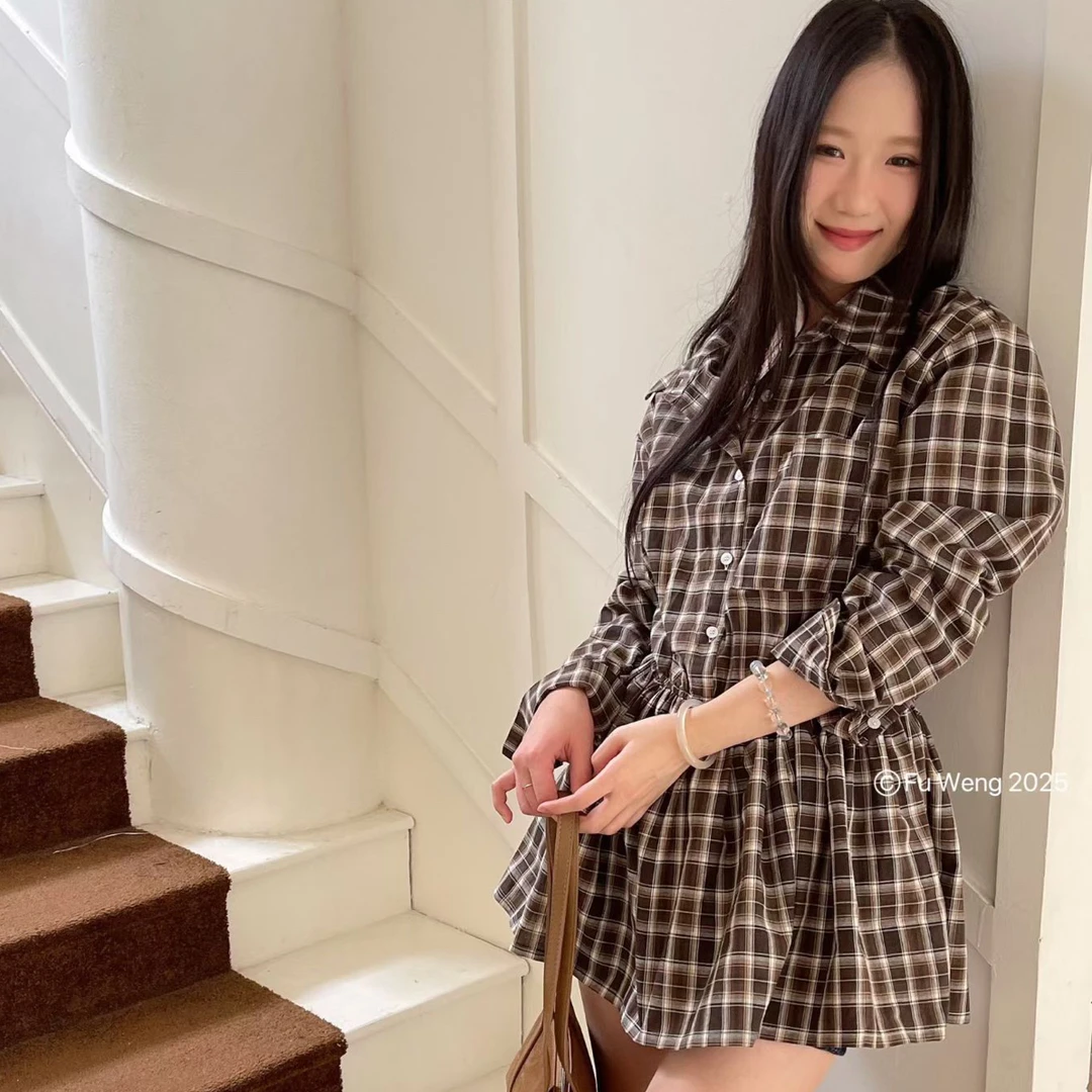 早秋新款复古格纹收腰长袖衬衫休闲显瘦设计感小众气质