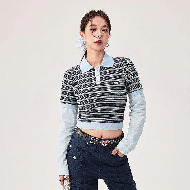 CHUU秋季女装假两件设计刺绣条纹修身学院风穿搭显瘦百搭T恤