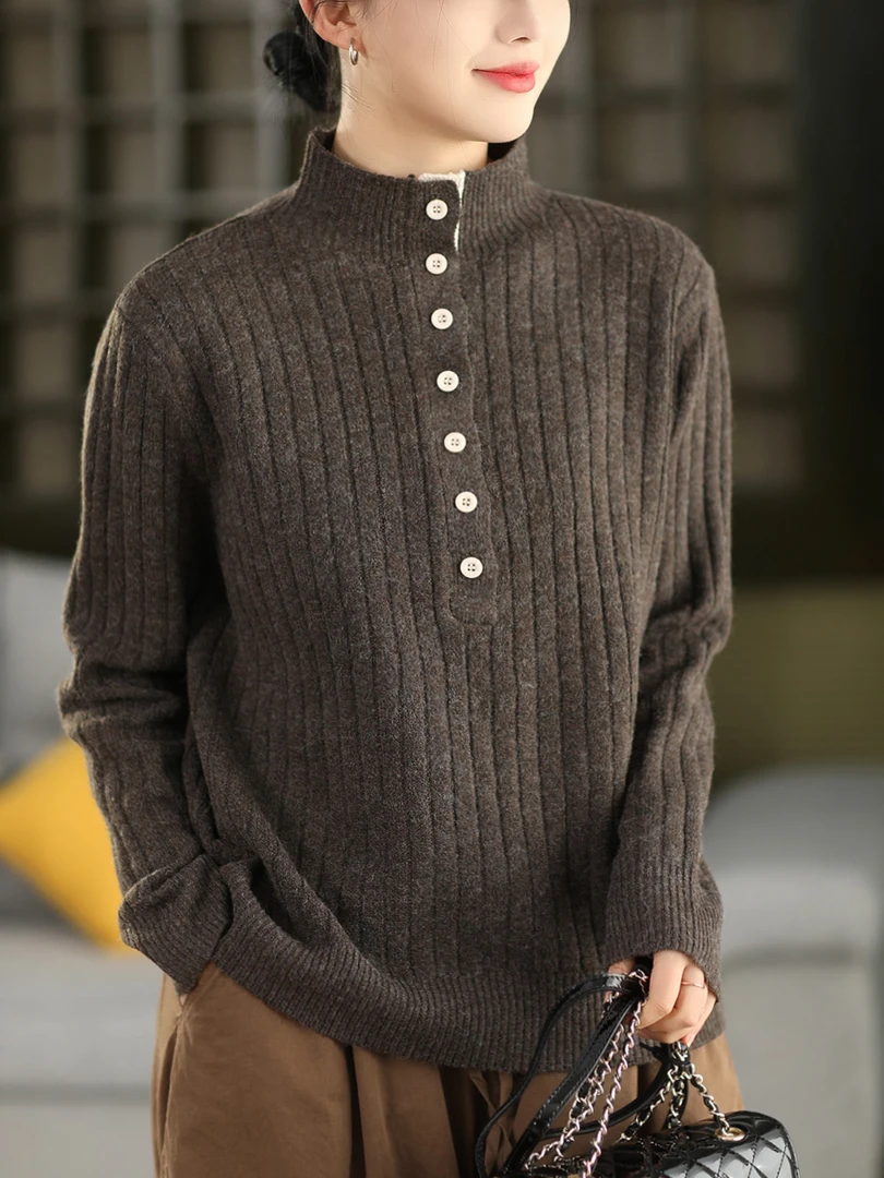 新款冬季坑条显瘦半高领针织衫毛衣女半襟纽扣保暖套头衫气质上衣