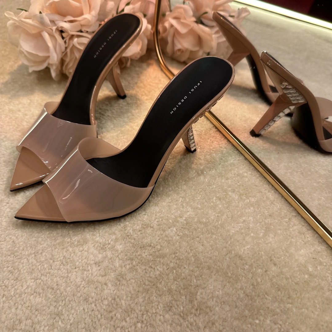 【IFUSI 】时尚轻奢百搭尖头鱼嘴真皮大底拖鞋高跟鞋 F6673-1