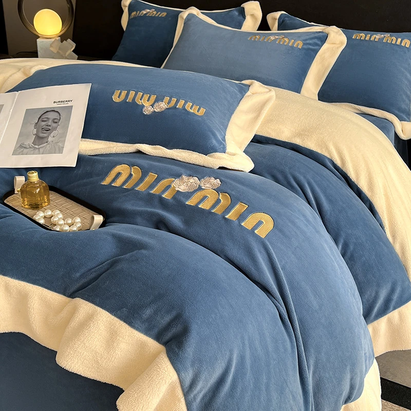 新款牛奶绒轻奢宽边刺绣四件套床单床笠款家用床品学生宿舍三件套