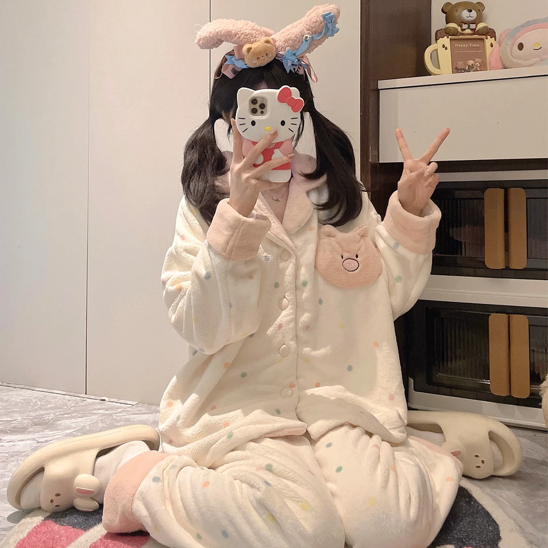 珊瑚绒睡衣女秋冬季大码加厚可外穿法兰绒彩点猪猪家居服冬天套装