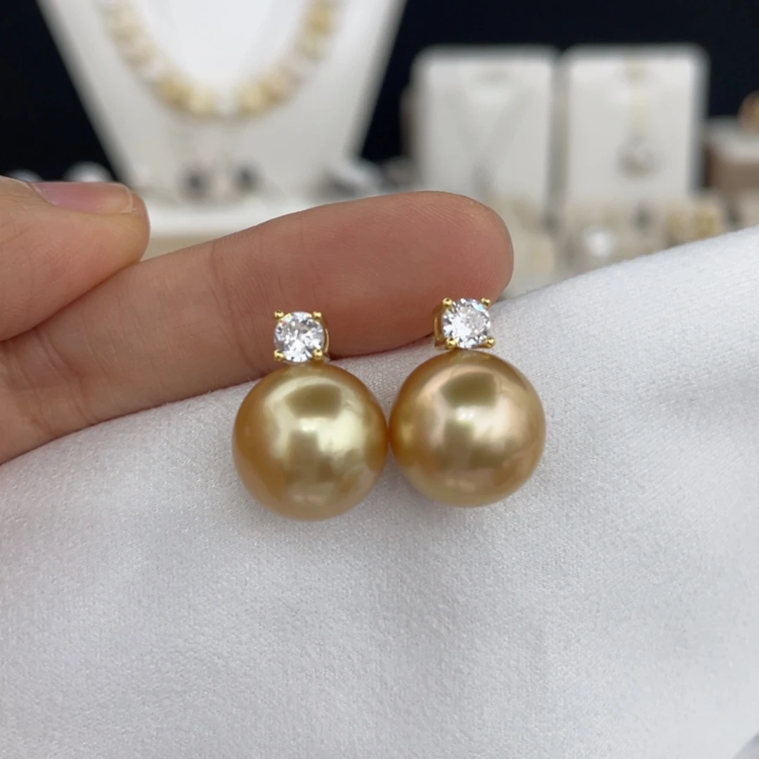 耳饰银S925镶嵌海水珍珠金珠耳钉12-13