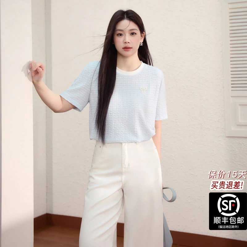 蓝语大码女装温柔优雅显瘦短袖上衣2025夏新款褶皱肌理感蓝色T恤