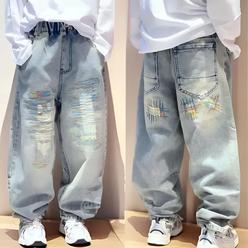 男童牛仔裤春秋款中大童刺绣彩色百搭宽松直筒儿童休闲长裤子洋气