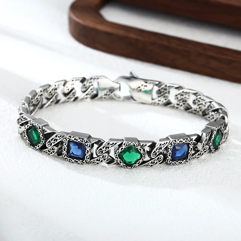 925银手链 做旧唐草纹彩锆手链 男女同款手链