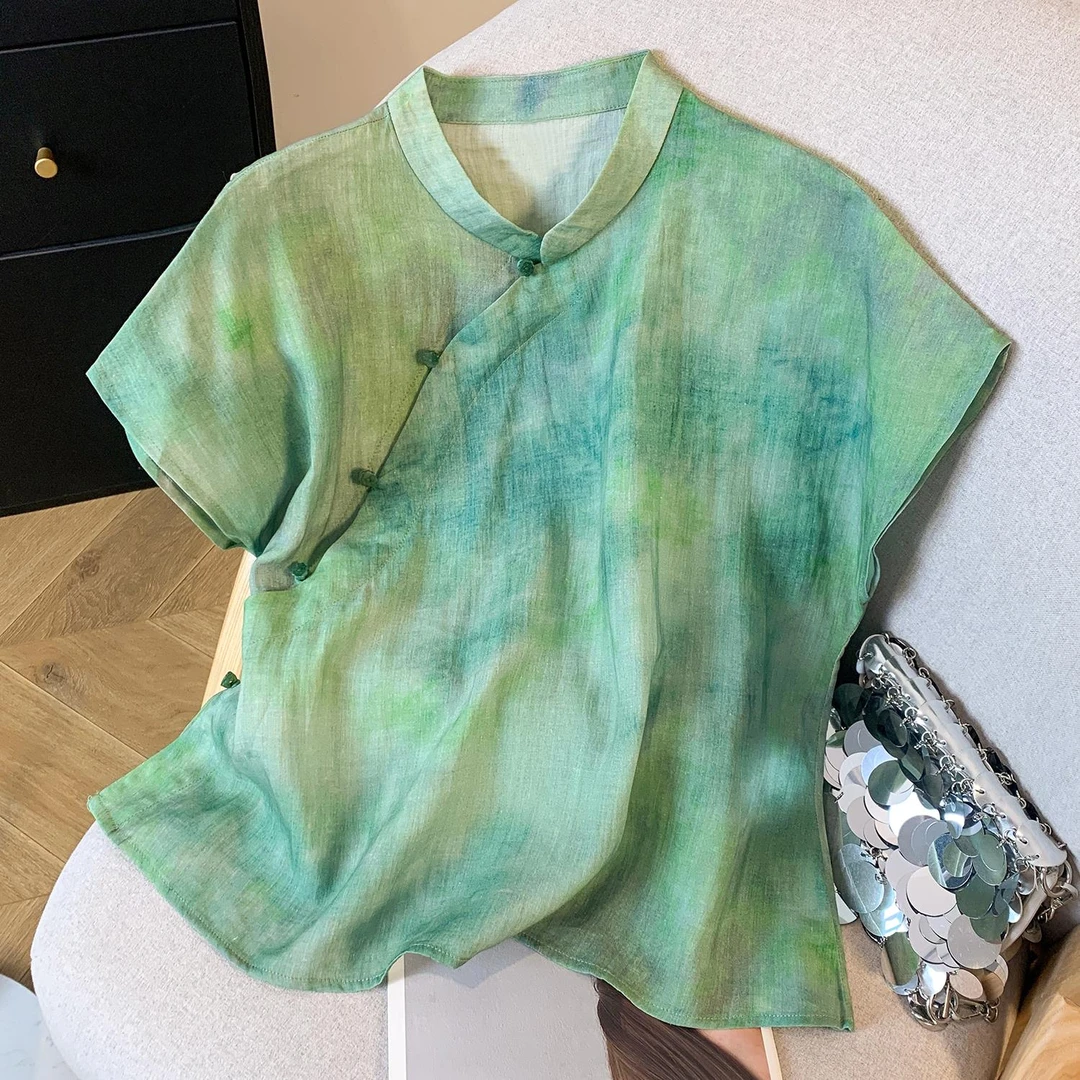 哥弟阿玛施正品新中式斜襟印染苎麻衬衫女夏季日常通勤禅意旗袍茶