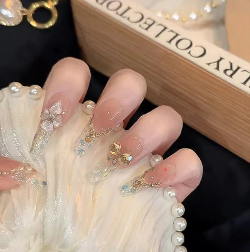 幻梦 手工穿戴甲夏日水晶花香槟爱心重工光疗美甲可拆卸穿戴甲