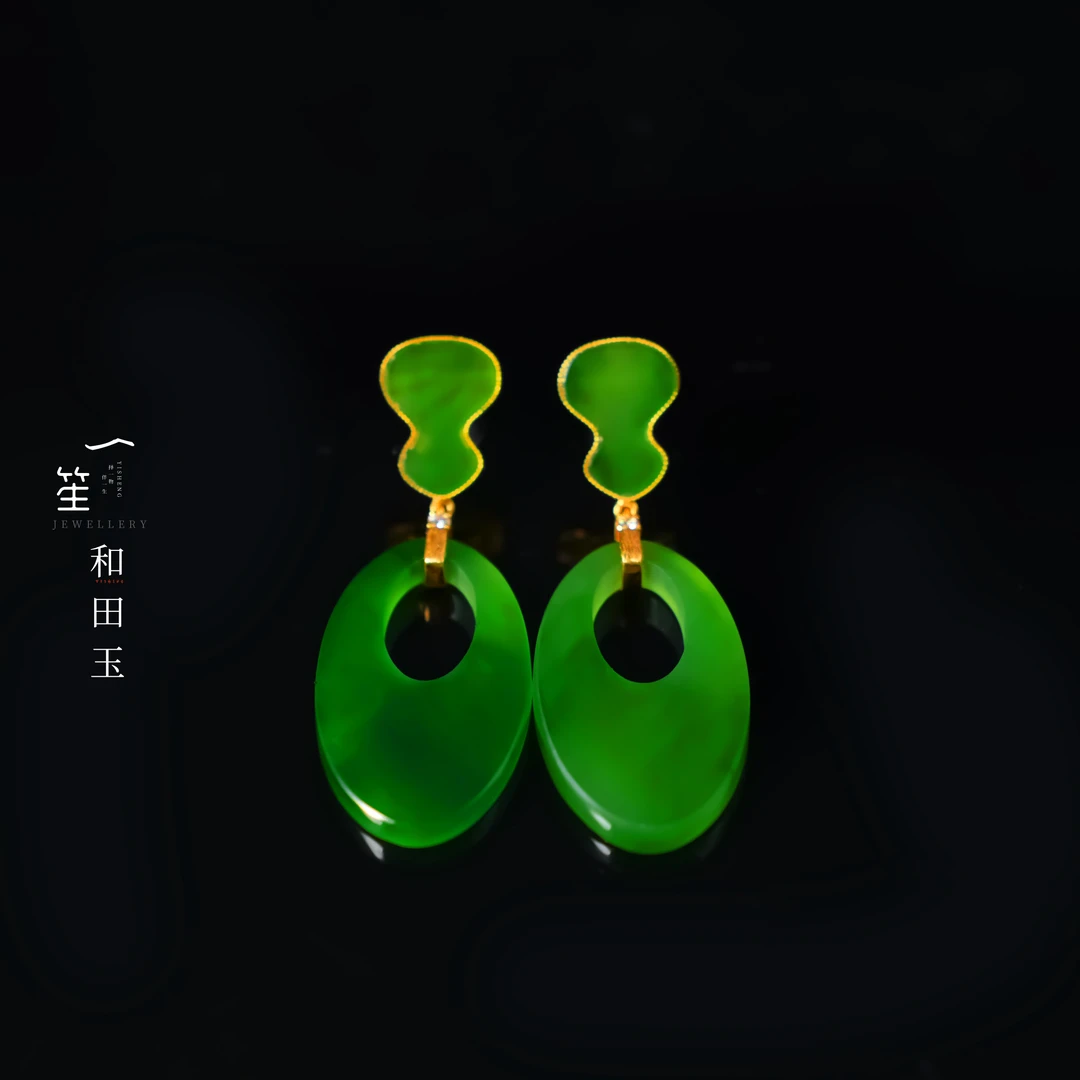 【一笙珠宝】天然和田玉碧玉凤羽耳钉 YS23392