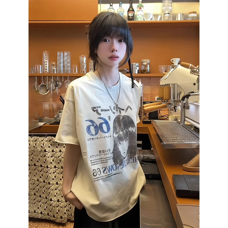 漫画涩谷女孩白色正肩短袖男款夏季美式复古小领口t恤情侣装半袖