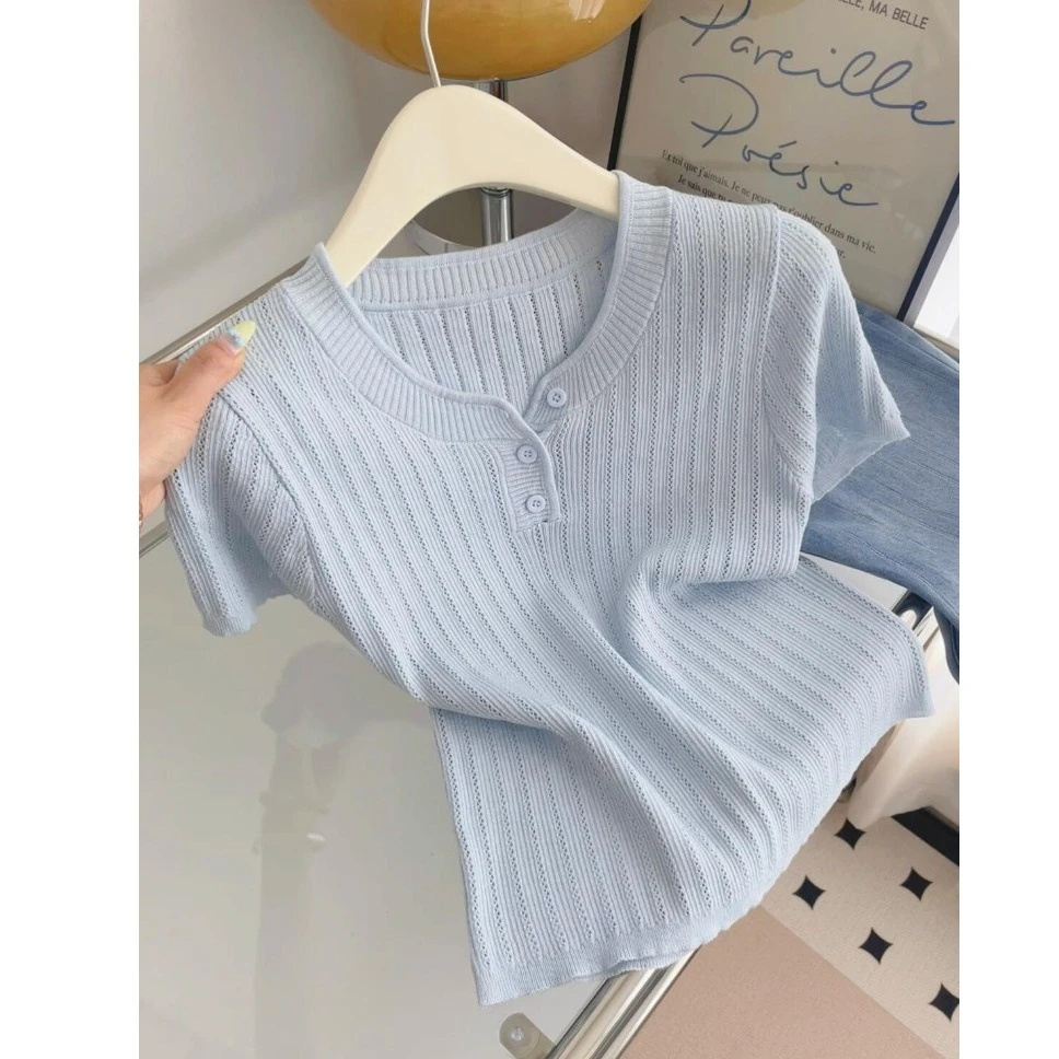 多巴胺独特漂亮的小上衣夏气质轻奢高级感减龄蓝色冰丝V领短袖T恤