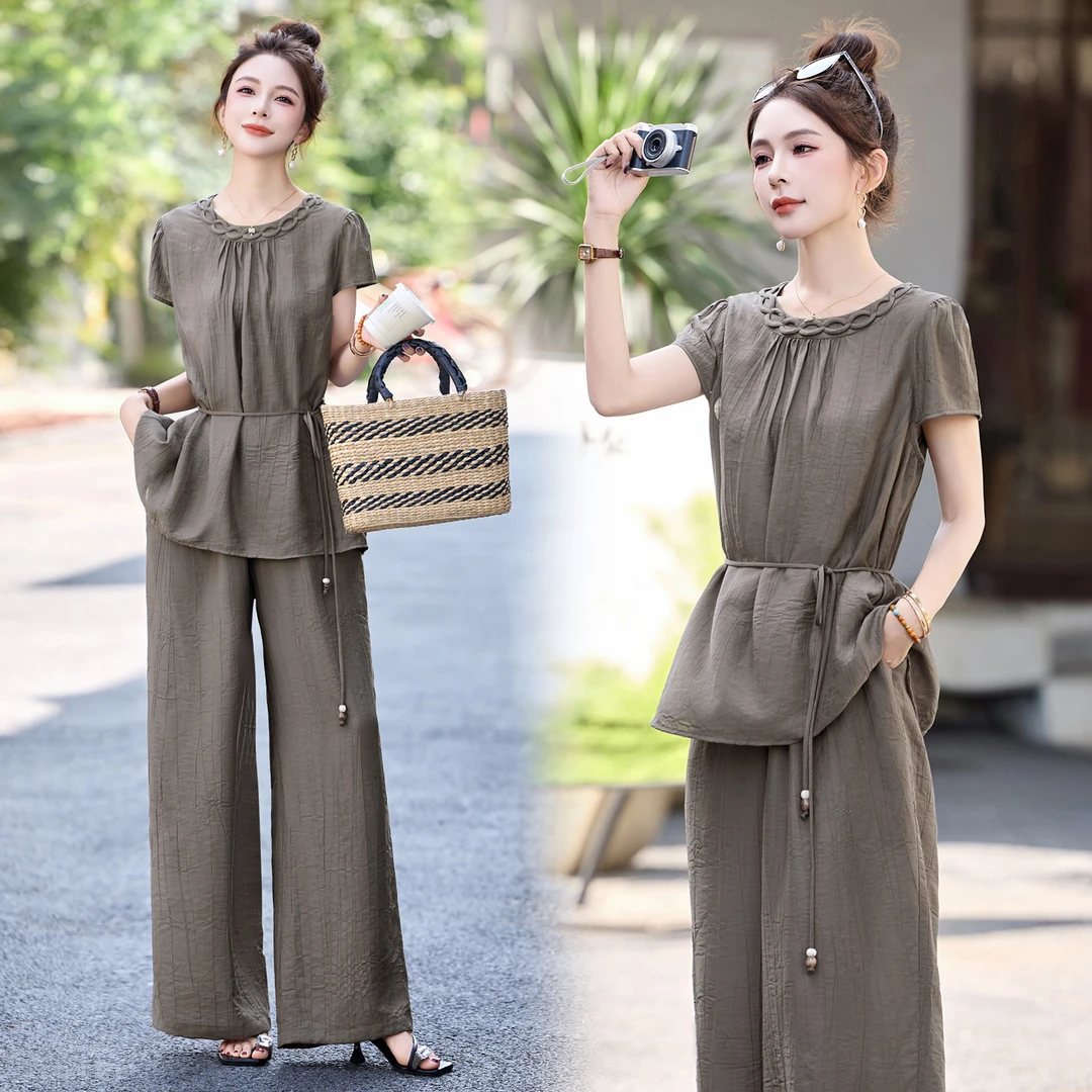 韩版收腰宽松显瘦上衣阔腿裤女套装2025夏季新款装气质时尚两件套