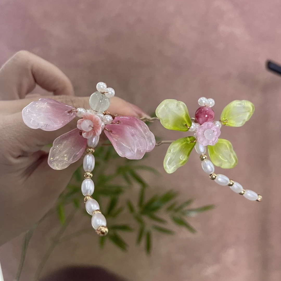 新中式小蜻蜓发钗一对粉绿复古汉服头饰发簪