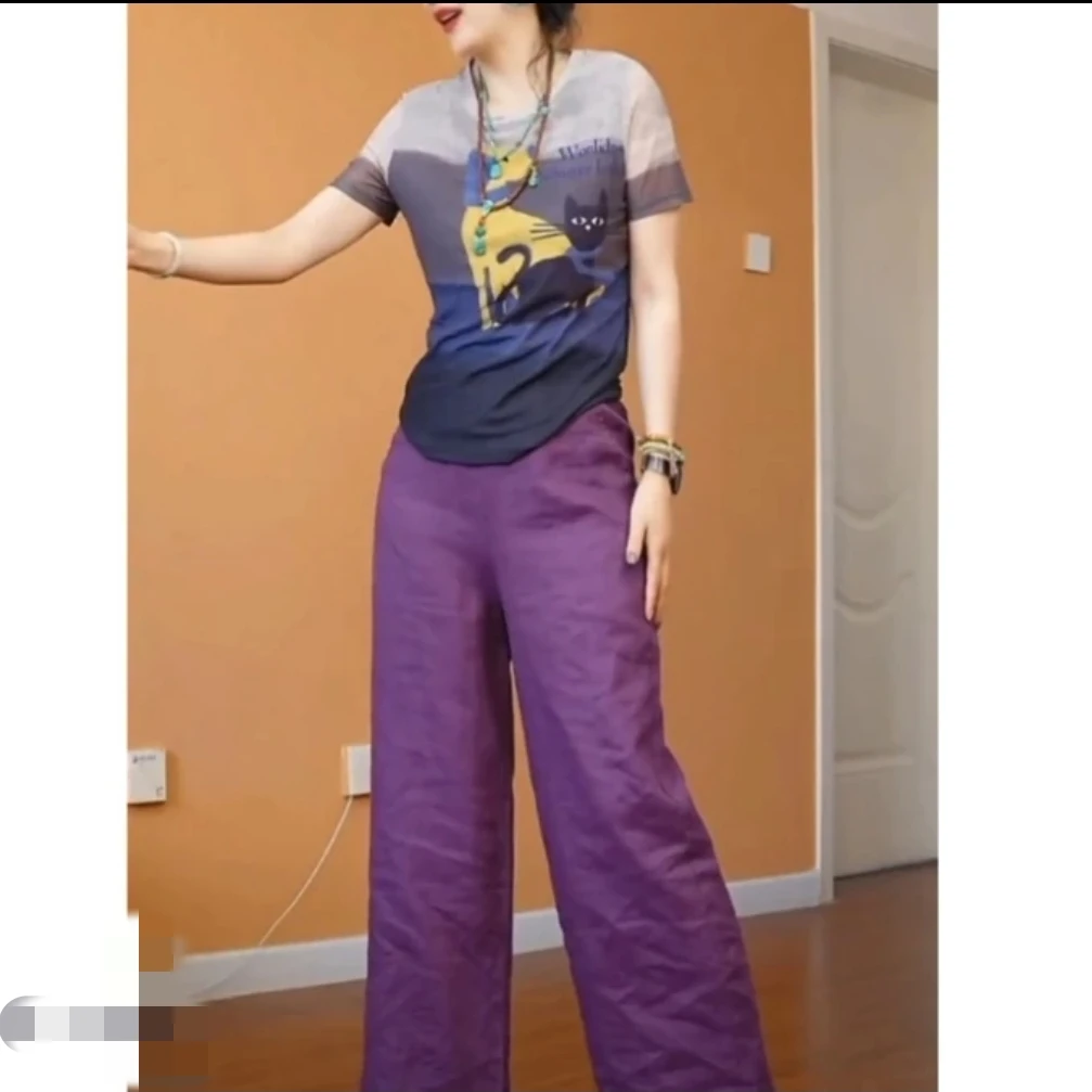 时尚洋气百搭新款紫色系短袖配阔腿裤女装Y