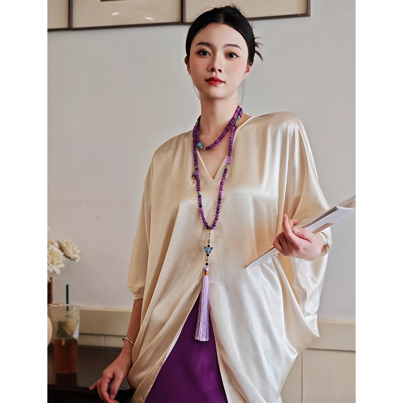 设计师原创轻奢气质显瘦百搭V领落肩宽松半袖T恤女重磅醋酸时尚56