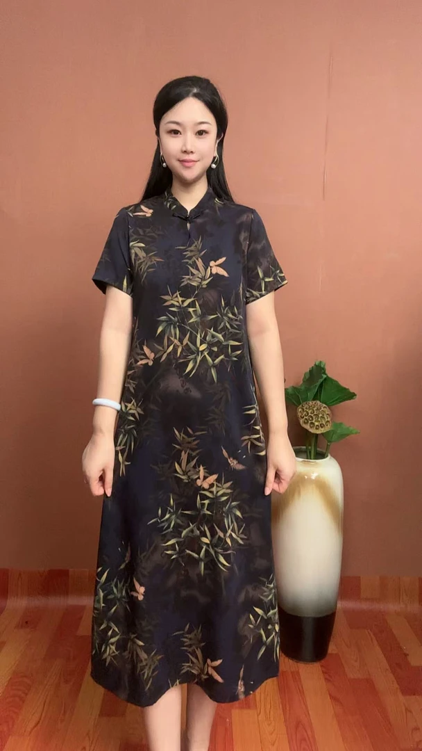 （立领富贵竹）夏季立领盘口时尚新品印花亲肤透气短袖连衣裙