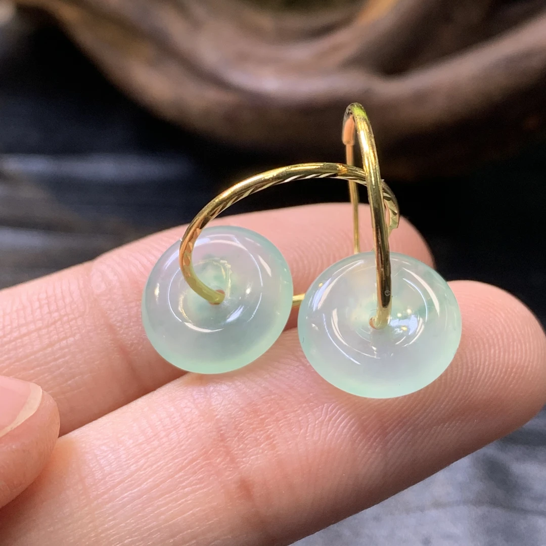 【金鑫】飘绿花平安扣翡翠耳包*18k玻璃种平安扣缅翡翠A货精致时尚