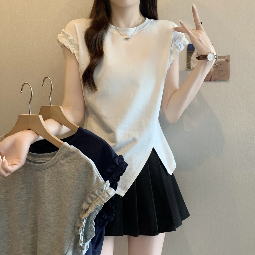 夏季实拍大码木耳边时尚百搭圆领短袖T恤女胖妹妹洋气绑时尚显瘦