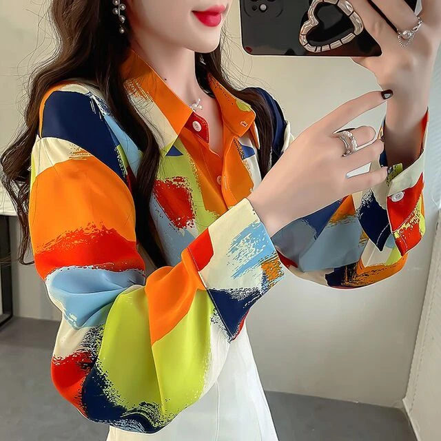 2025早春新款衬衣长袖上衣印花撞色衬衫女大码宽松遮肚子雪纺衫女