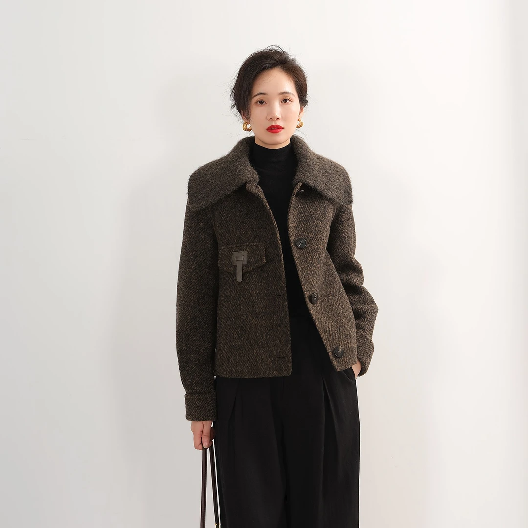 EKNR骆驼绒/绵羊毛双面呢大衣女复古加厚短款毛呢外套秋冬季翻领