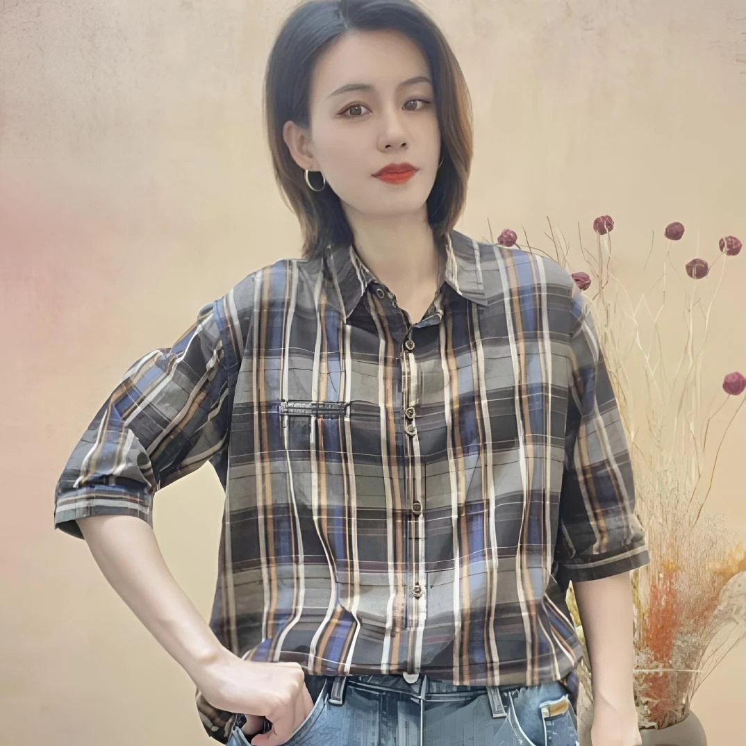 夏季薄料纯棉格子短袖衬衣女复古百搭全棉格纹短款小个子上衣休闲