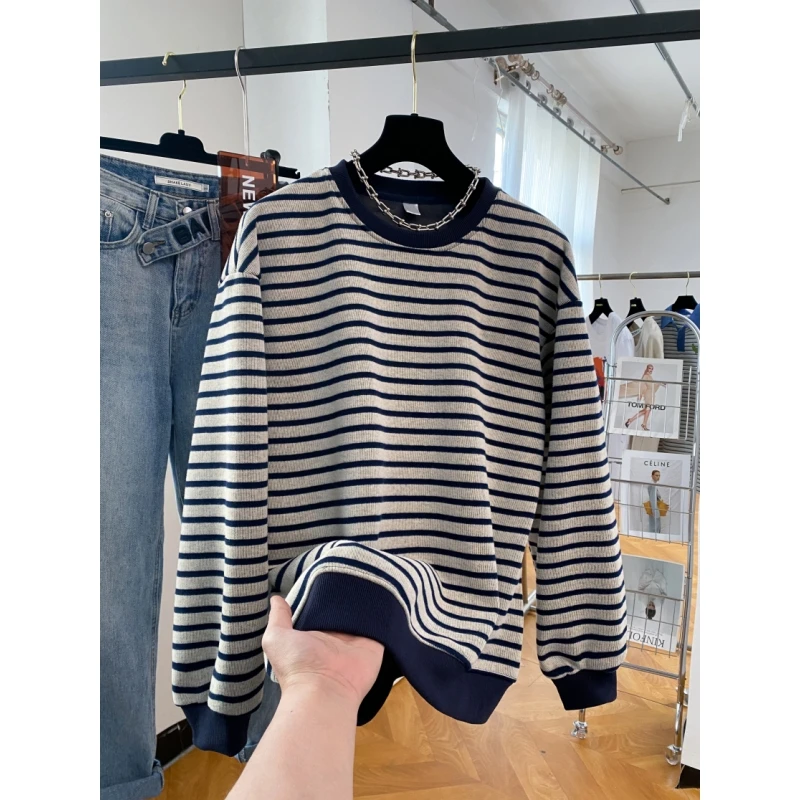 大码胖MM复古条纹圆领卫衣女秋冬新款加绒加厚宽松慵懒风外套上衣