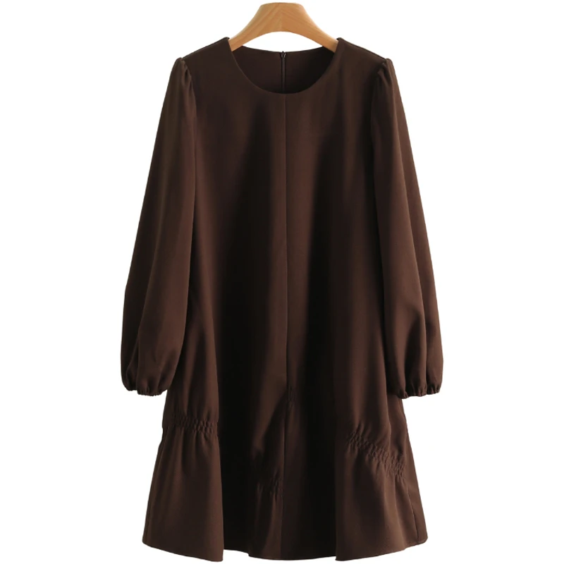 【伍莎-自营】韩版宽松圆领纯色长袖连衣裙#RJY48L007