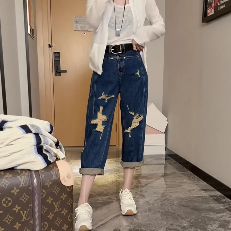 高腰破洞牛仔裤2025春夏季新款大码宽松显瘦垂感八分哈伦老爹裤女