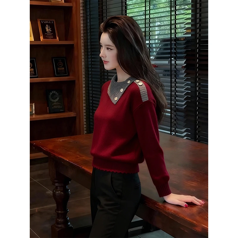 2025冬季新款老钱风拼色翻领针织衫毛衣高级感休闲气质长袖上衣女