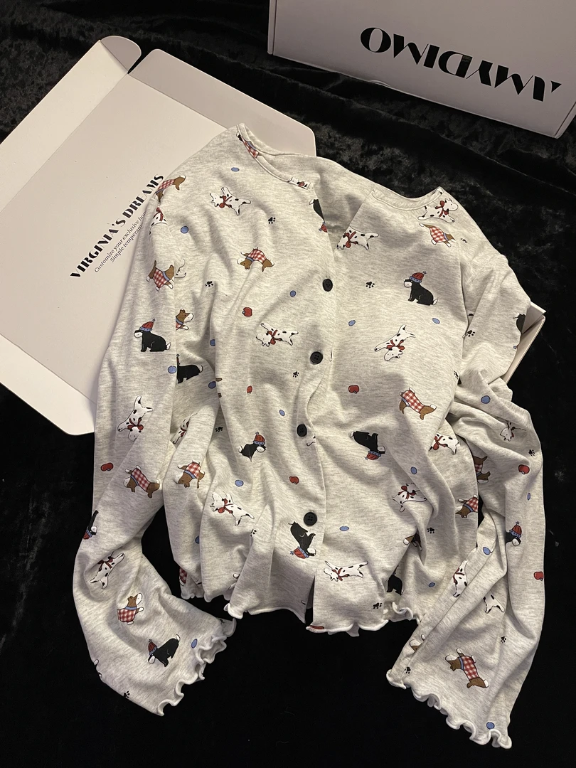 可爱小狗高级灰休闲针织开衫带胸垫睡衣女慵懒氛围感复古家居服秋