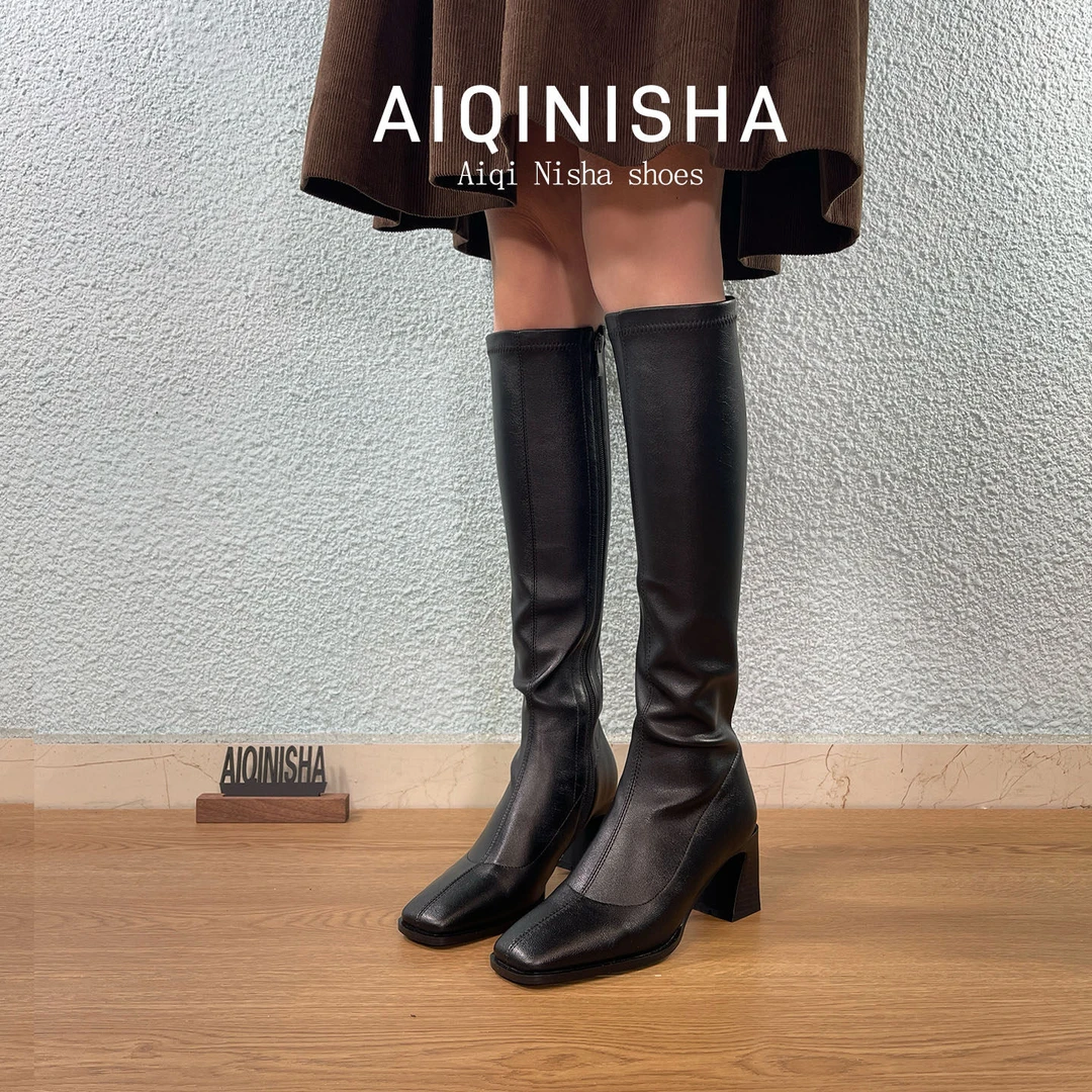长筒靴粗跟 方头舒适骑士靴女靴气质高跟靴高筒长靴秋冬女筒靴