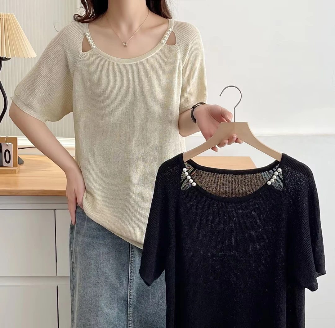 大码女装夏季新款时尚休闲设计感镂空镶珠气质宽松显瘦针织衫2609