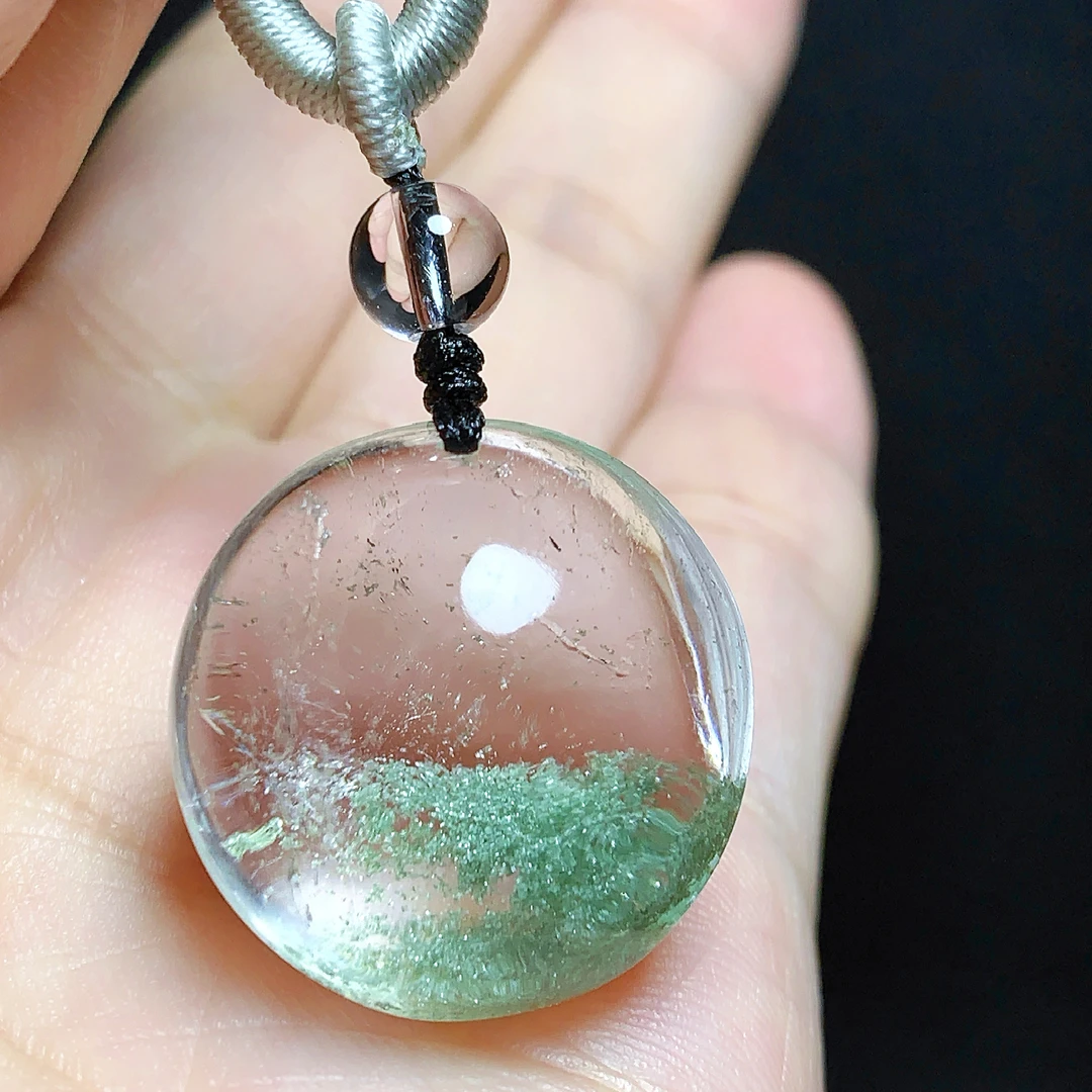东海水晶天然半盆绿幽灵水晶吊坠毛衣链平安通透项坠男女款聚宝盆