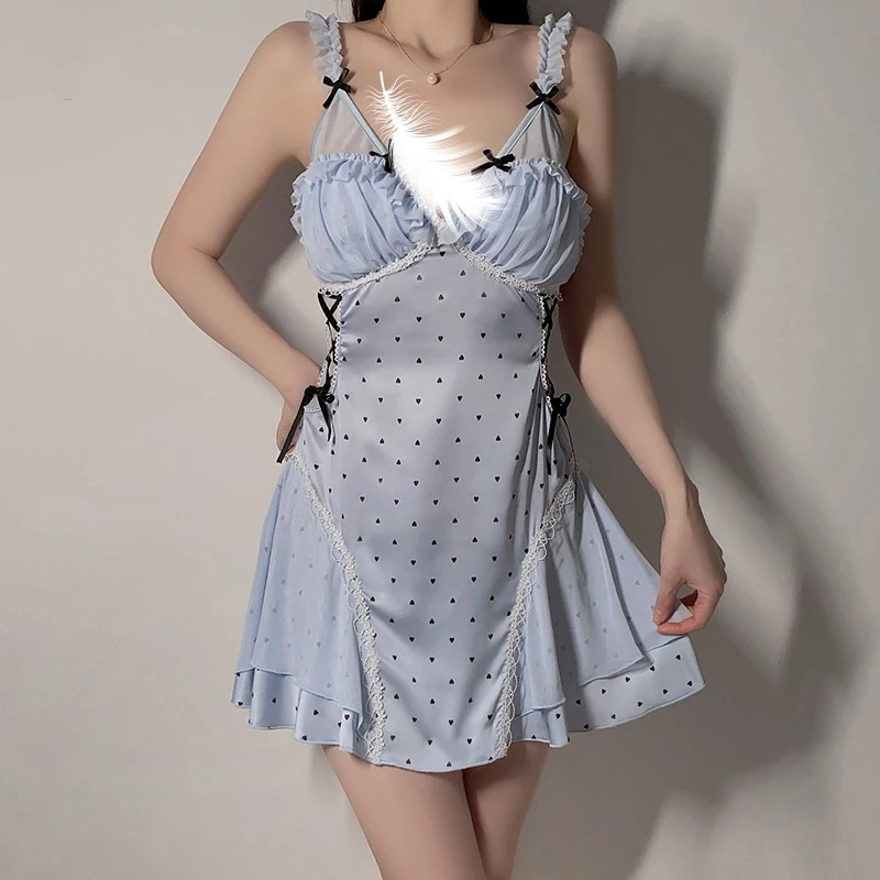 月夜深V褶皱网纱加胸垫露背蝴蝶结性感甜美纯欲波点冰丝吊带睡裙