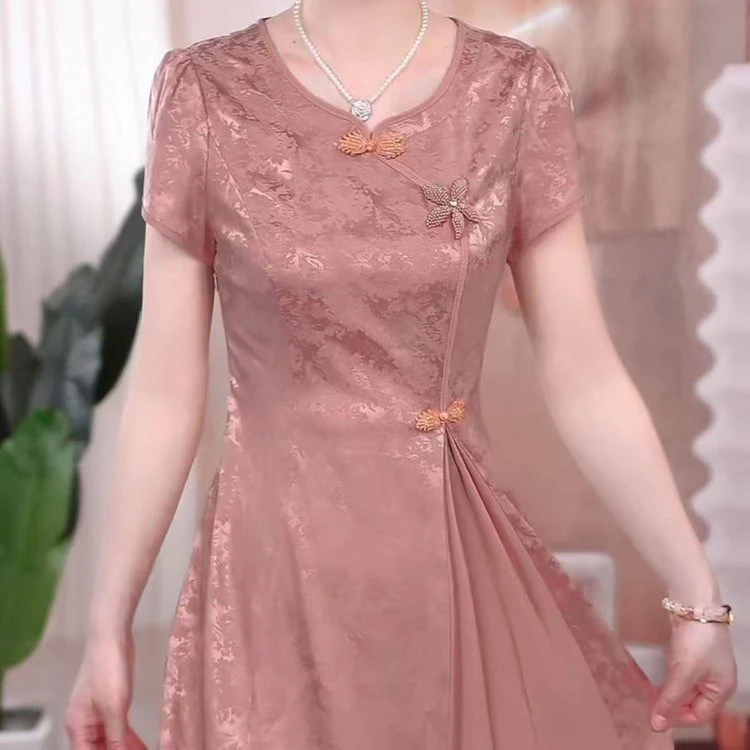 高档提花冰丝缎新中式国风礼服裙2025夏季新款时尚减龄妈妈连衣裙