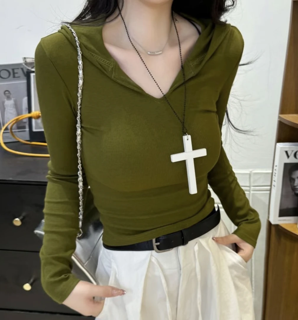 『FanXi』2025秋季新款纯色调韩版修身纯欲V领先手长袖T恤8003