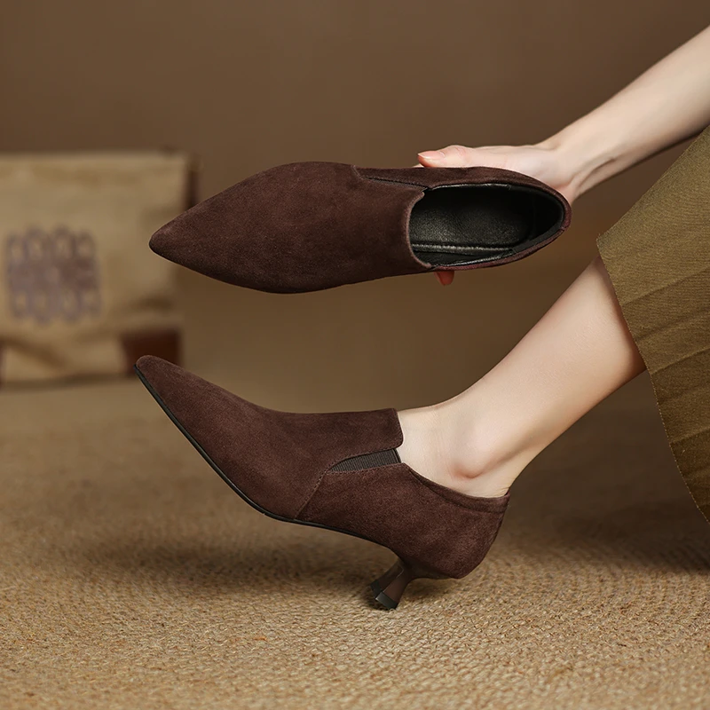 4CM，羊皮细跟高跟鞋法式真皮裸靴秋冬尖头通复女式秋冬法式细跟靴