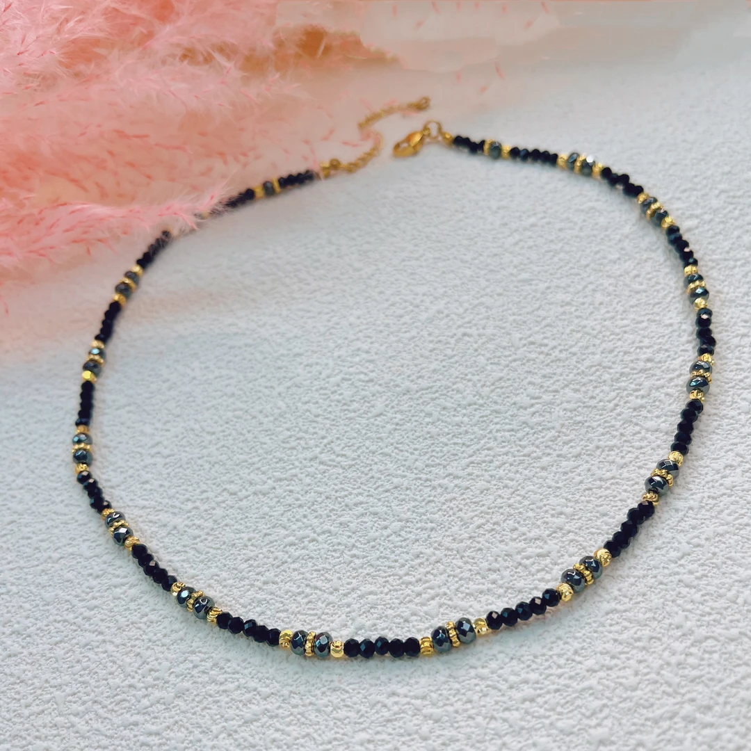 钛钢仿水晶项链 2398钛钢高定黑尖晶爆闪水波珠串珠项链（长45）