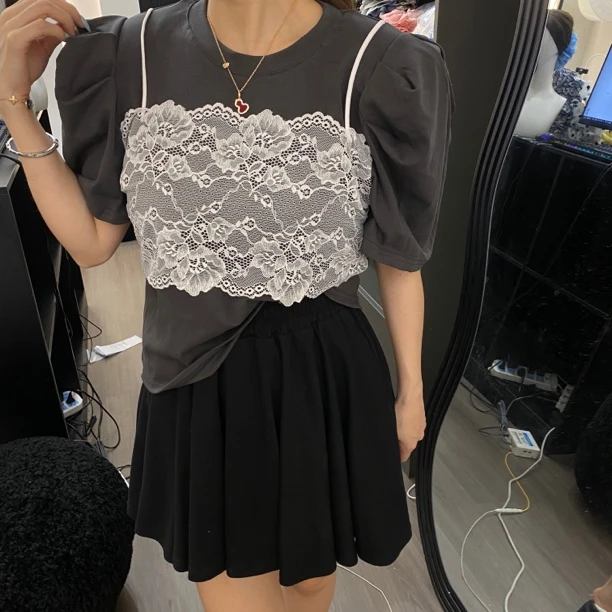 张漂亮 韩代定制新款泡泡袖拼接蕾丝卡通短袖T恤夏季新款灰色上衣