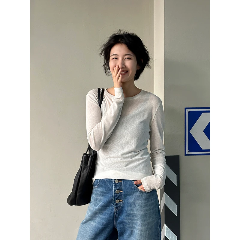 LANGQING 时尚修身纯色圆领面膜内搭长袖打底T恤女上衣 41249#