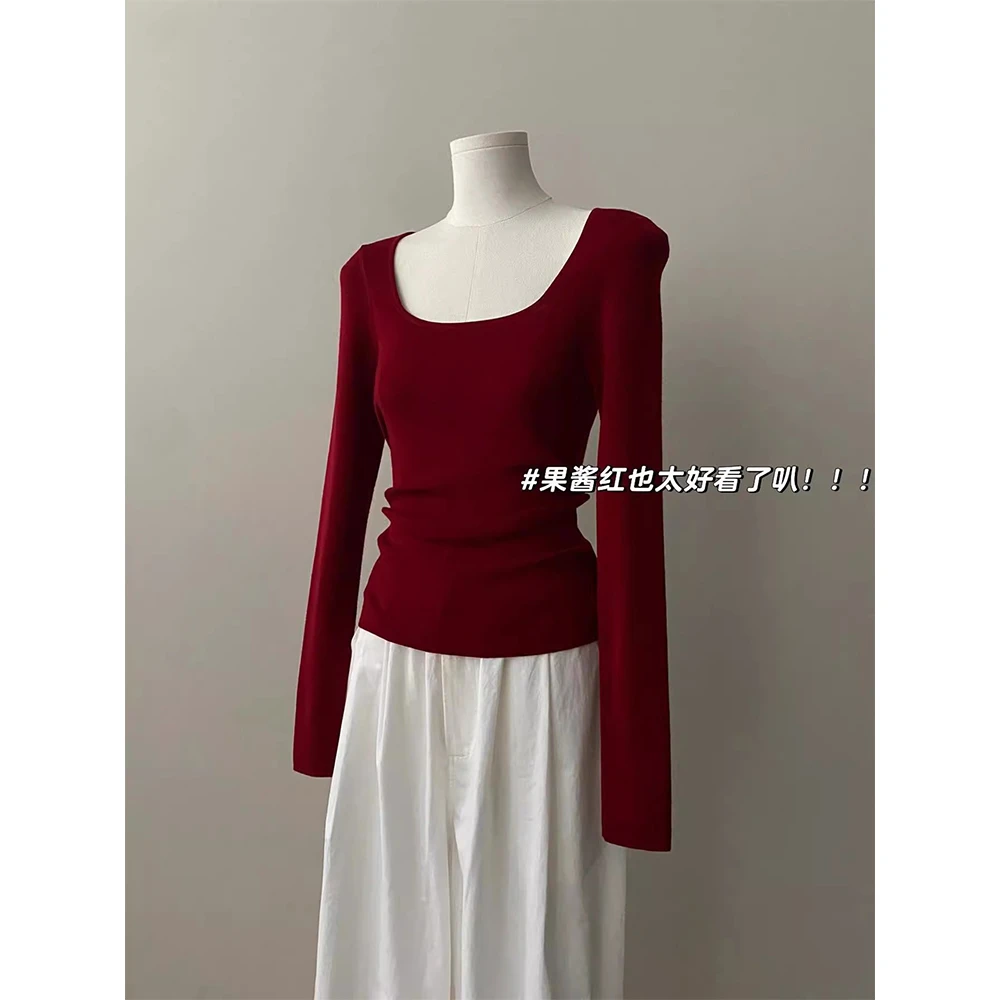 红色方领针织打底衫女2024新款秋冬季洋气大衣内搭高级感修身上衣