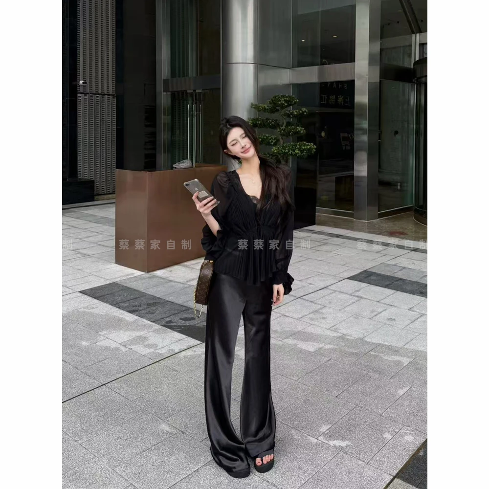 蔡蔡家「午夜玫瑰」矜贵感罩衫性感蕾丝吊带醋酸长裤三件套女81288#