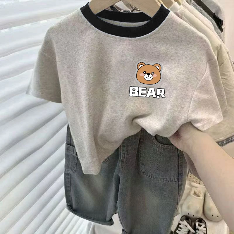 2025新款儿童纯棉灰色短袖T恤柔软亲肤夏季韩版男女童打底衫潮流