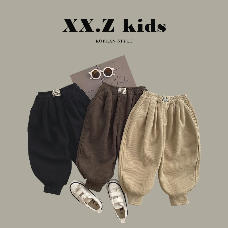 冬装儿童韩版简约款贴标束脚设计休闲宽松加绒裤子HCM3323-QQQQ