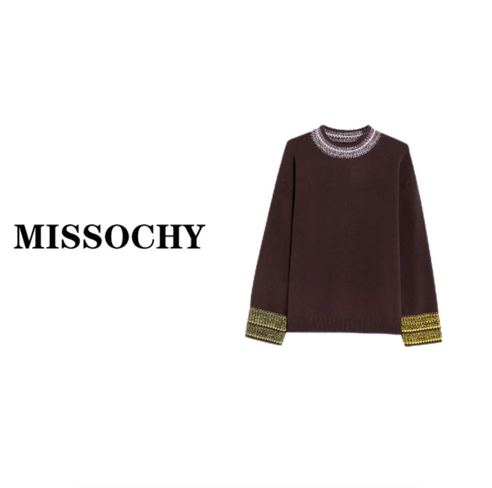 美拉德圆领撞色羊绒衫圆领撞色费尔岛针织毛衣