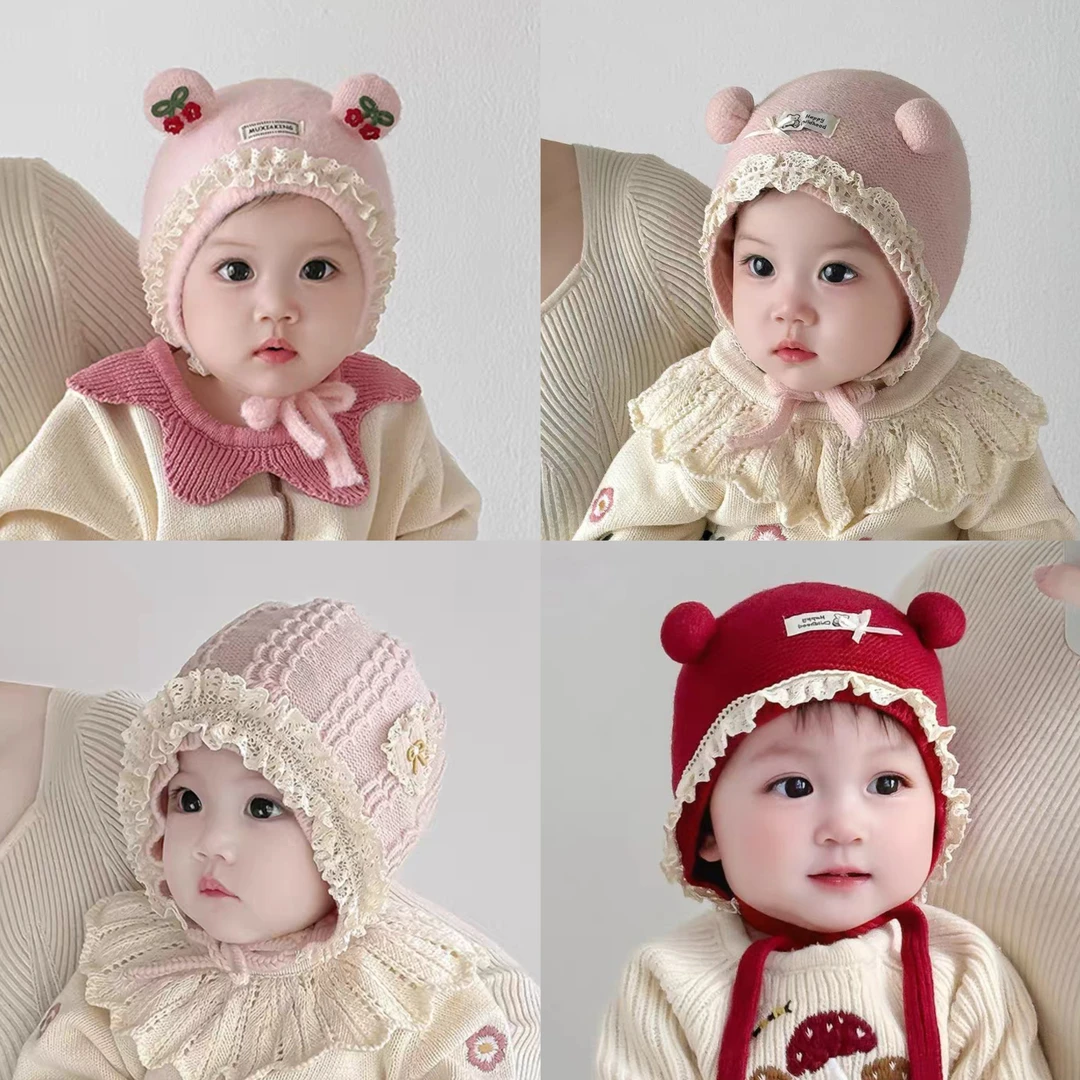 宝宝帽子秋冬款男女婴儿韩版花边蕾丝爱心毛线护耳保暖儿童针织帽