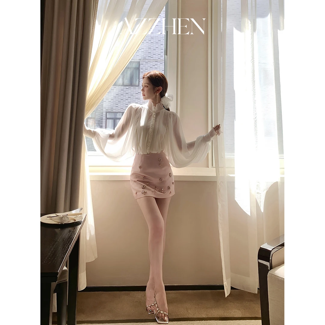 （七夕新款）衬衫AZZHEN【纯欲缪斯】雪纺灯笼袖立领衬衣AZ5BSS21