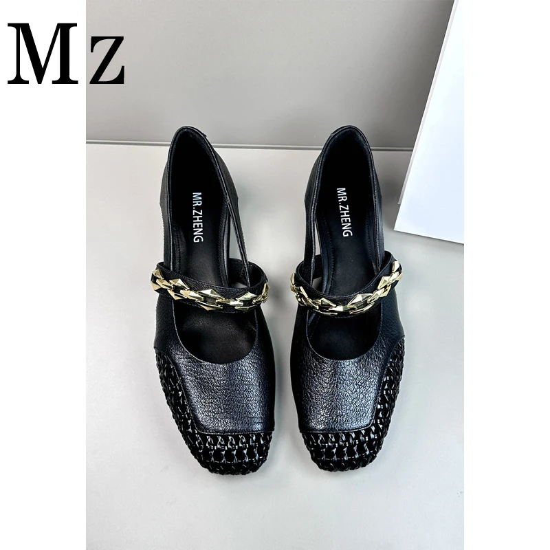 Mr.Zheng/2.5cm/粗跟中空一字带浅口镂空透气编织凉鞋夏季女鞋