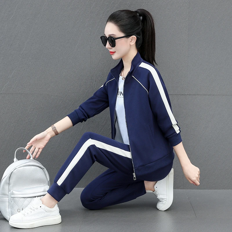 春秋季爆款休闲套装运动套装时尚休闲服束脚裤条纹设计两件套装女